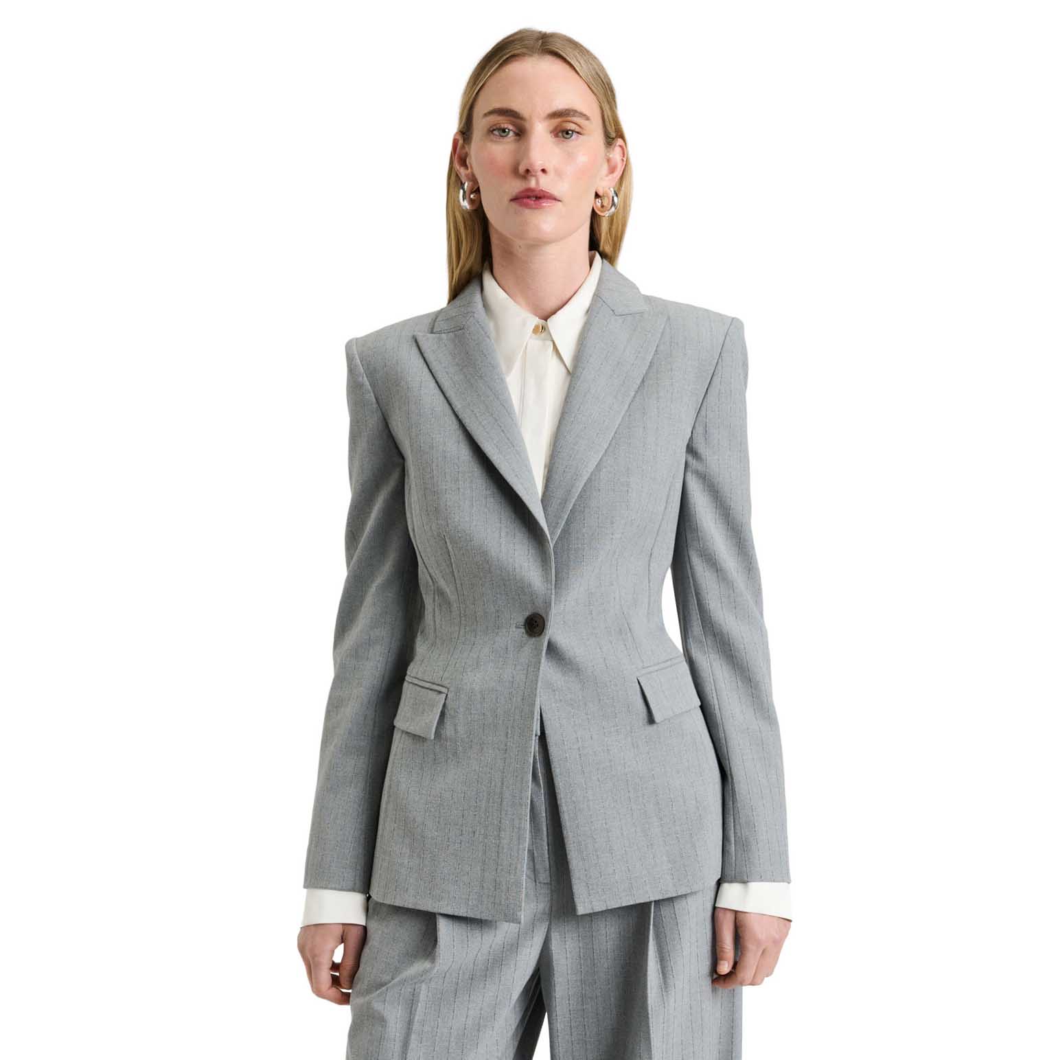 Veronika Maine Grey Pinstripe Fitted Blazer